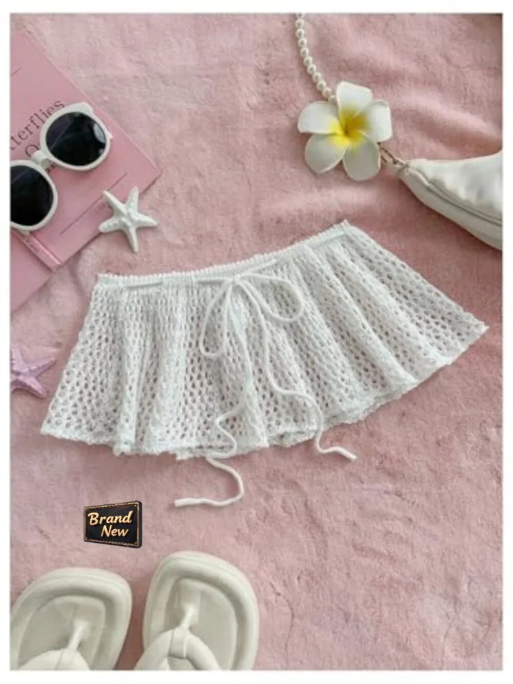 Crochet Mini Skirt Cover Up Tie Front Hollow Out Knit Beach Coverup - Picture 5 of 5